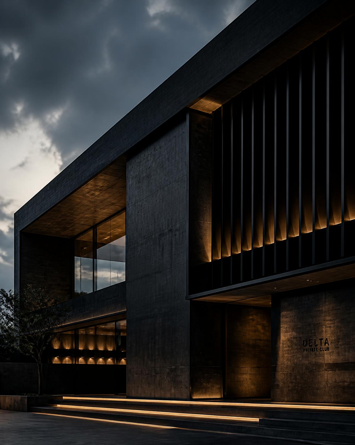 Modern concrete and glass building facade at dusk